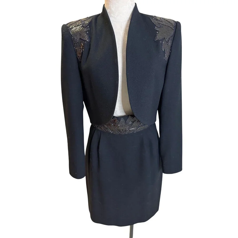 Nolan Miller Womens Bolero Jacket Skirt Set Size 6 Black Wool Snakeskin Beaded - Picture 9 of 13
